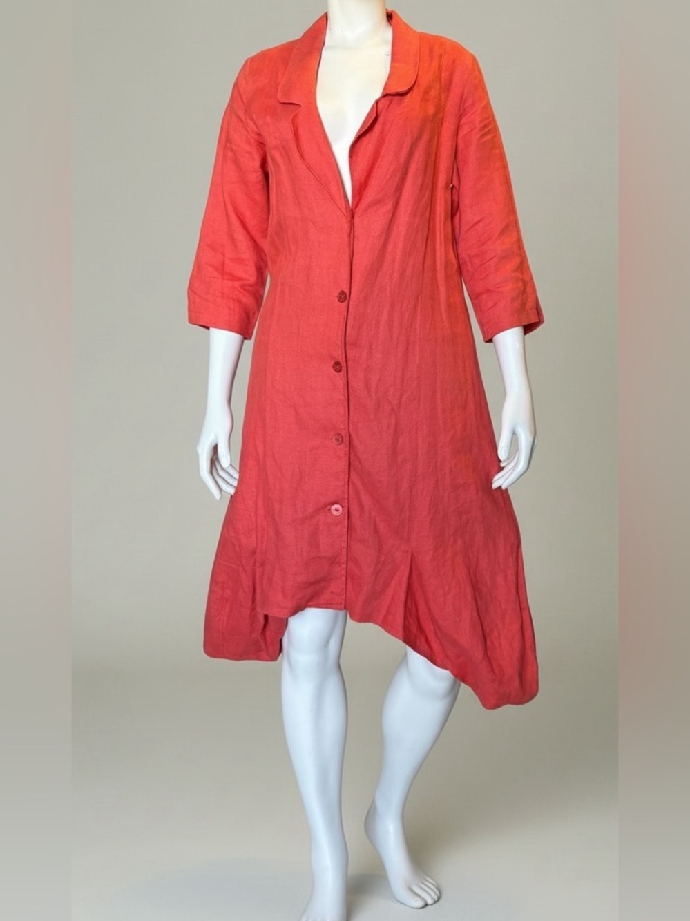 Kokomarina 100% Linen Red Shirt Midi Dress Sz Small Asymmetrical Hem Lagenlook